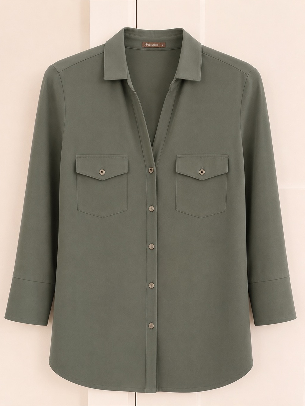 J. McLaughlin Brynn Lyford Jersey Button Down Stretch Shirt Olive Green L